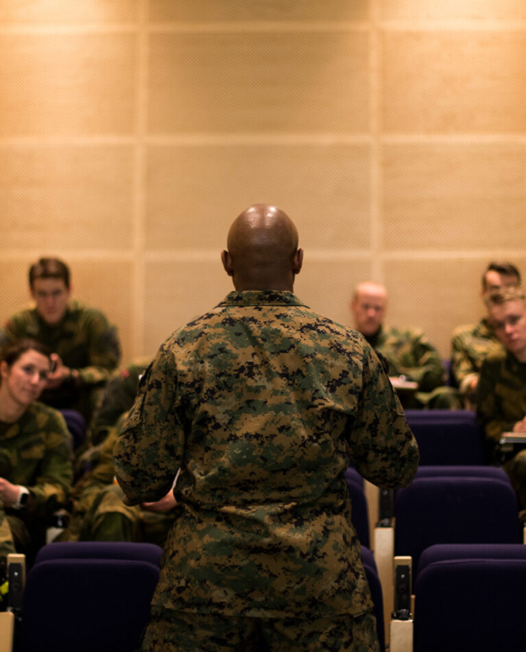 A U.S. Marine with Marine Forces Europe and Africa’s Marine Corps Element-Norway presents a lecture Norwegian Army soldiers during a Navy Infantry Enlisted Leadership course in Setermoen, Norway, Dec. 5, 2018. This course consisted of various class lectures and physical training on how to lead and conduct themselves as noncommissioned officers. (U.S. Marine Corps photo by Cpl. Nghia Tran)
