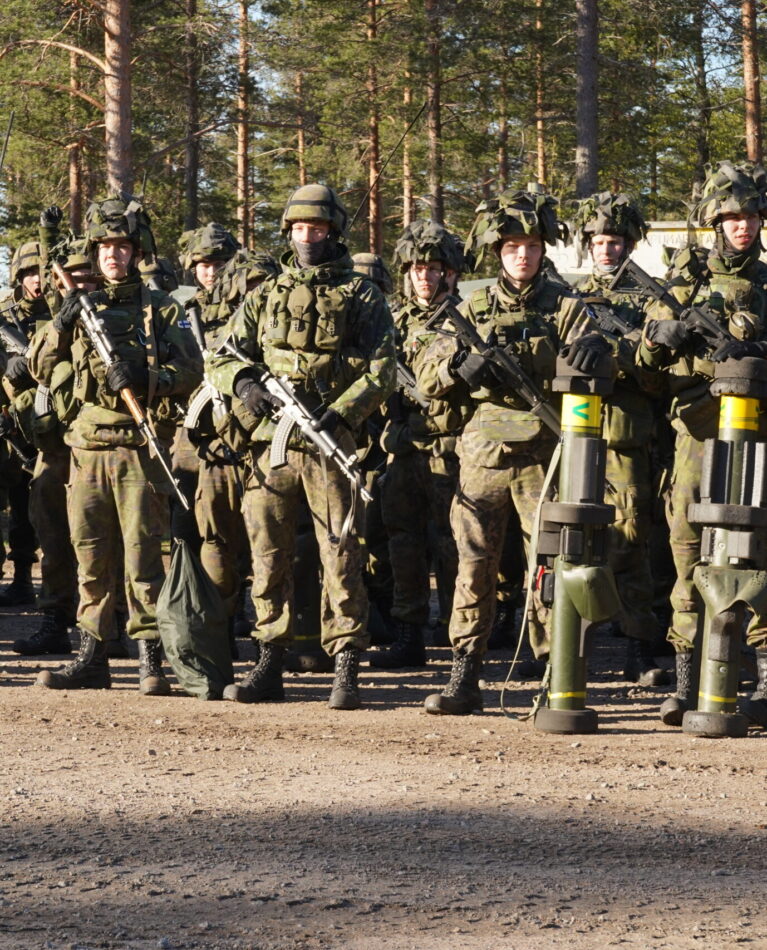 Finnish Army Soldiers stand in formation to receive orders during Arrow ‘19, an annual Finnish multinational exercise, at the Pojankangas Training Area near Kankaanpaa, Finland, May 15, 2019. The joint training increases interoperability between U.S. military service branches and partnering nations, reinforces collective defense and security and builds readiness through strong, strategic forces according to the mission objectives of the U.S. European Command. (U.S. Army photo by Sgt. LaShic Patterson)